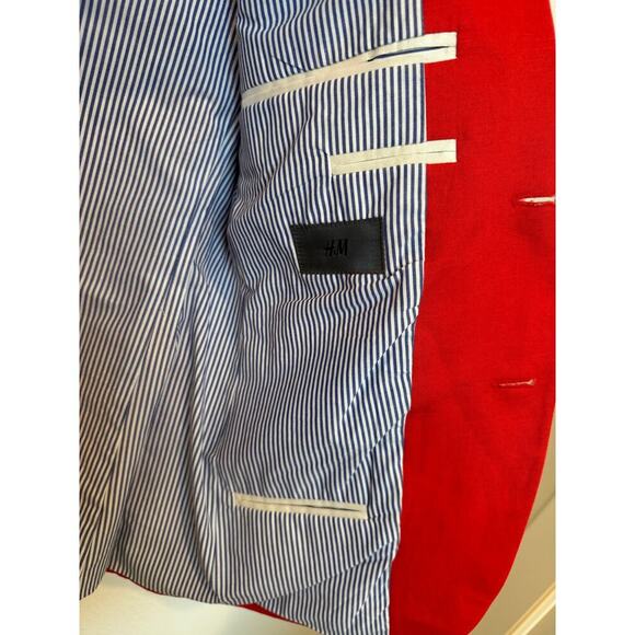 H&M‎ Women's Red Linen Cotton Blazer Blue Striped Lining 38 R (Medium) - Picture 4 of 11